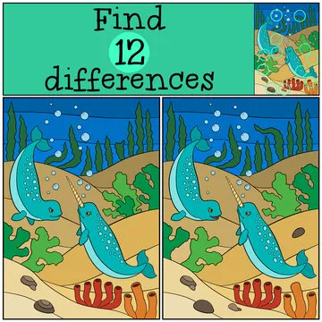 Educational game: Find differences. Two little cute narwhals swi