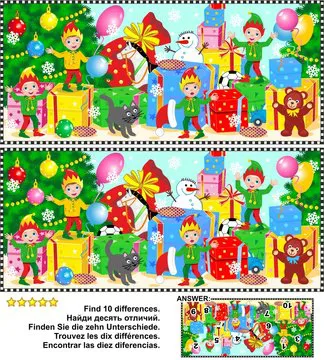 Christmas or New Year visual puzzle: Find the ten differences between the two pictures of elves waiting for Santa to show their work done. Answer included.