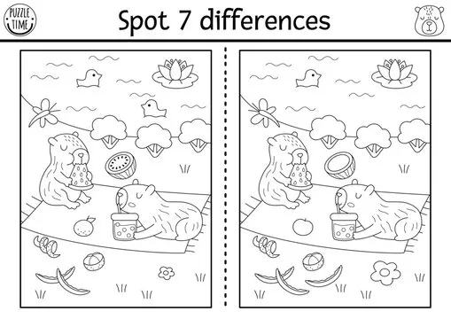 Find differences game for children. Capybara black and white educational activity with animal having picknick near pond. Line puzzle for kids with capibara. Printable worksheet, coloring page