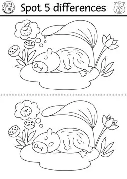 Find differences game for children. Capybara black and white educational activity with cute animal sitting on water lily pad. Puzzle for kids with capibara. Printable worksheet or coloring page