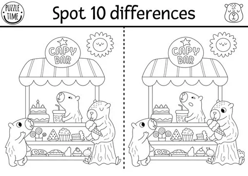 Find differences game for children. Capybara black and white activity with animal eating and drinking in dessert cart. Line puzzle for kids with capibara. Printable worksheet, coloring page