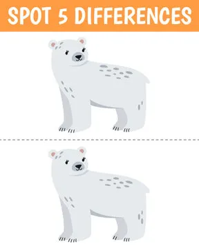 Cute polar bear in cartoon style. Find 5 differences. Educational matching animal game for children. Printable worksheet with solution for school and preschool.