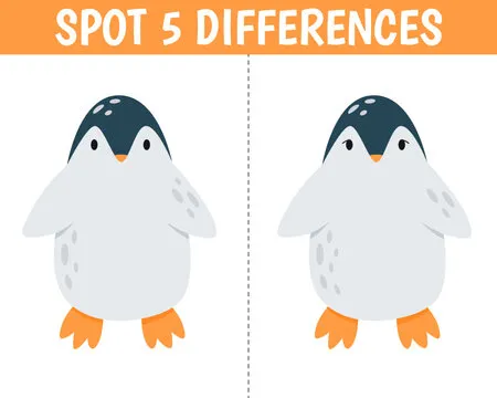 Cute penguin in cartoon style. Find 5 differences. Educational matching animal game for children. Printable worksheet with solution for school and preschool.