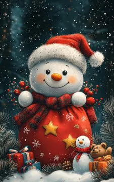 Find 7 Differences in Christmas Cartoon Scene with Gift Bag Teddy Bears and Snowman