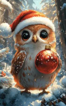 Find the Differences Puzzle with Cartoon Owl in Santa Hat Holding Christmas Ornament in Snowy Forest