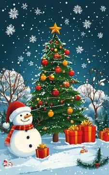 Find 7 Differences in Christmas Tree Snowman Gift Puzzle Outdoor Scene for Children and Family Fun