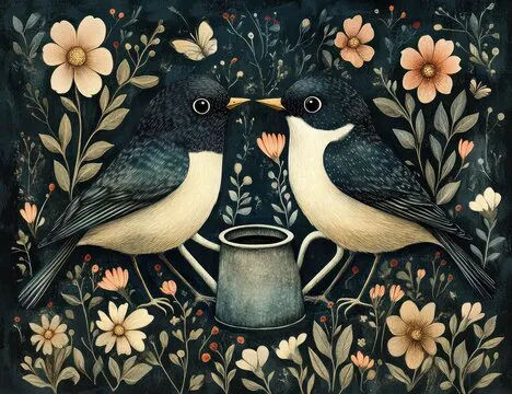 Find Differences Puzzle and Coloring Page Spring Gardening Scene with Birds Watering Can and Floral Elements