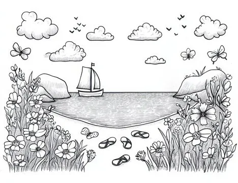 Find 10 Differences Puzzle and Coloring Page Summer Beach Scene with Flip-Flops Yacht and Bucket