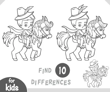 Prince boy on horse. Find differences black and white educational game