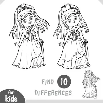 Cute cartoon princess. Find differences, education black and white game for kids