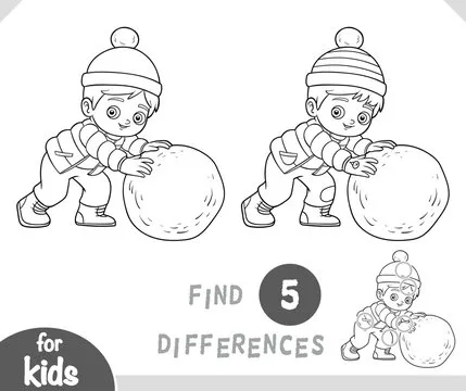 Boy and a ball of snow. Find differences educational game for kids. Black and white illustration