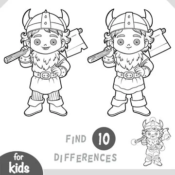 Viking boy with an ax. Find differences, black and white educational game