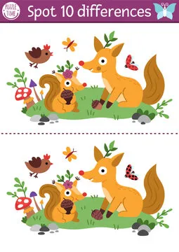 Find differences game for children. Fairyland educational activity with cute squirrel with acorn and fox on meadow. Magic forest puzzle for kids. Fairytale printable worksheet, page woodland animal