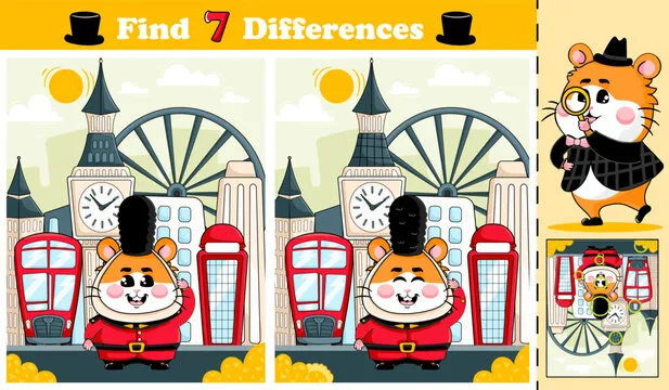Ind 7 differences activity page for kids with hamster character in London