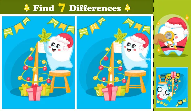 Spot the differences game: Tooth character decorating Christmas tree made of toothbrush