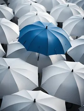 Blue umbrella standing out among a crowd of identical white umbrellas, symbolizing individuality, uniqueness, and creative leadership in a uniform environment
