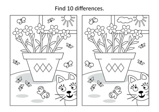 Potted flowers difference game and coloring page
