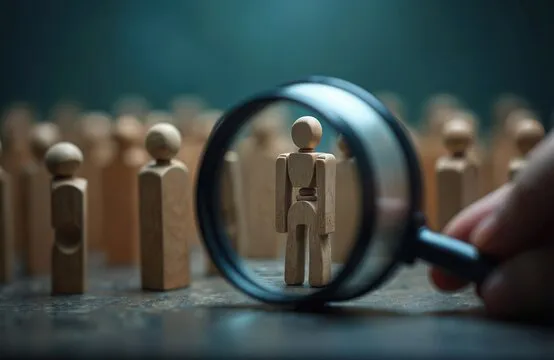 Magnifying glass highlights unique wooden figure among crowd. Concept of individuality, choice, difference. Human shape, search for person, distinguish from others. Spotlight emphasis on human,