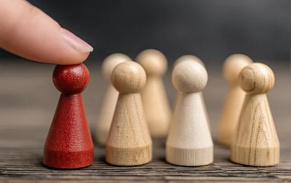 A finger points to a red wooden figure amongst a group of light-colored wooden figures