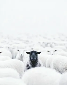 A 3d rendering black sheep amidst a flock of white sheep symbolizes individuality in a group, the essence of peaceful coexistence despite clear differences.
