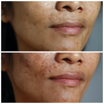 Deep melasma above the upper lip of a 40-year-old Asian woman, before and after gentle laser treatment.