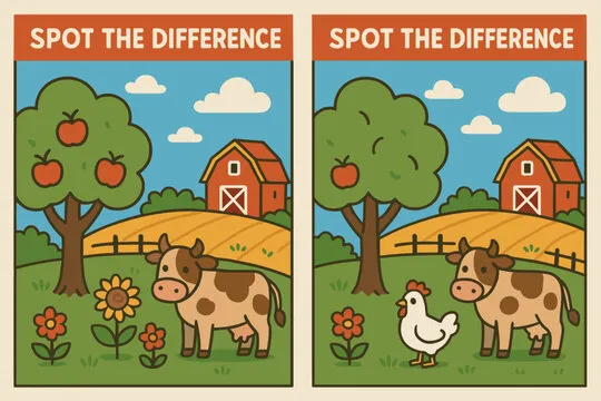 Two cartoon farm scenes with differences, educational game for children