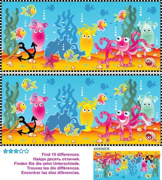 Underwater themed picture puzzle: Find the ten differences between the two pictures. Answer included.