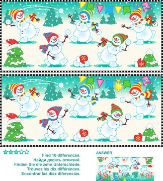 Christmas, winter or New Year visual puzzle: Find the ten differences between the two pictures of happy playful snowmen. Answer included.