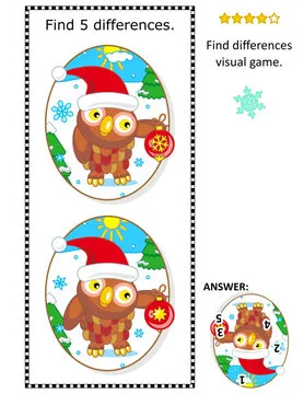 Difference game with owl holding beautiful ornament and wearing Santa cap. Find 7 differences picture puzzle.