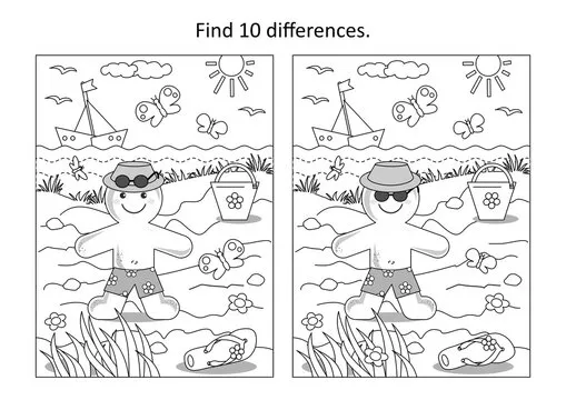 Gingerbread man in summer on a beach find ten differences picture puzzle and coloring page
