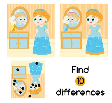 Find the differences educational children game. Kids activity sheet with beautiful girl princess