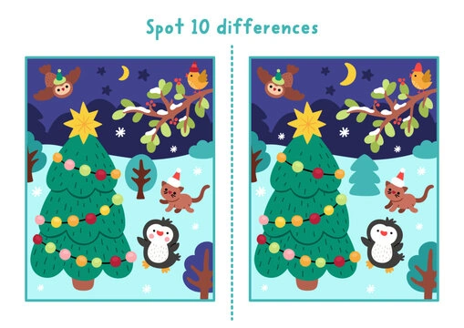 Christmas find differences game for children. Winter holiday educational activity with animals, fir tree, snowy night. Cute puzzle for kids with New Year character. Printable worksheet, page