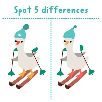 Christmas find differences game for children. Winter holiday educational activity with skiing goose. Cute puzzle for kids with funny New Year character. Printable worksheet, page