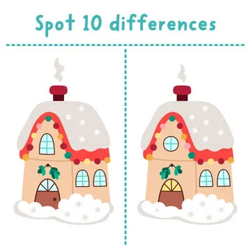 Christmas find differences game for children. Winter holiday educational activity with Santa Claus house. Cute puzzle for kids with funny New Year home. Printable worksheet, page