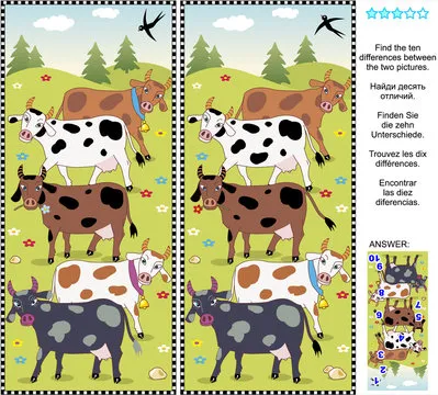 Farm themed picture puzzle: Find the ten differences between the two pictures of spotted milk cows. Answer included.