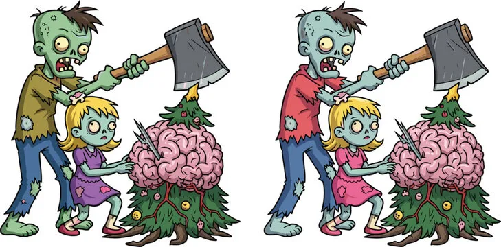 Zombie man with axe, girl touching brain, Christmas tree horror, cartoon puzzle scene, spot the difference, spooky festive illustration