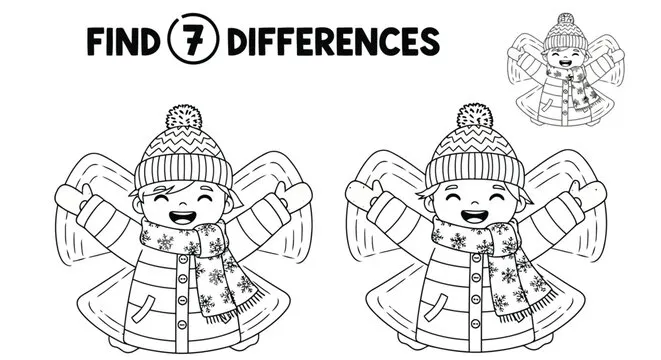Vector art of a find the difference game with two identical cartoon images of a child making a snow angel, with 7 differences to spot, isolated on a