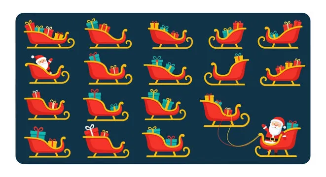 Find Santa Claus in a whimsical holiday pattern of festive sleighs full of gifts. A fun Christmas search game vector illustration