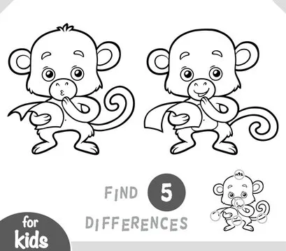 Cute monkey thinking about a problem. Find differences, education black and white game for kids