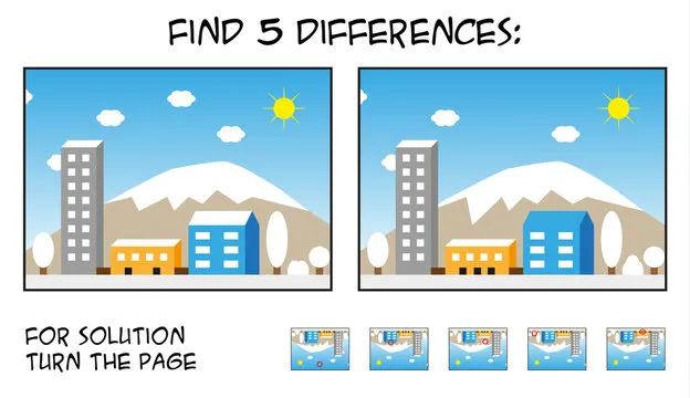 Child game - find 5 differences in pictures with city landscape theme during snow sunny day