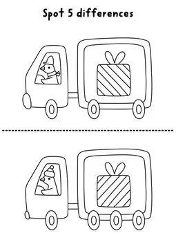 Christmas line find differences game. Winter holiday black and white educational activity with bird driving truck with present. Printable coloring page for kids with New Year character