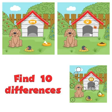 Find 10 differences game for children. Puppy near his house.