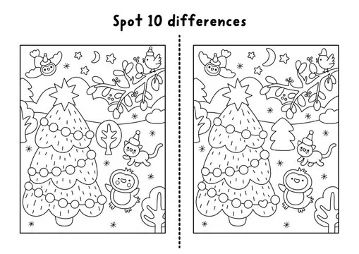 Christmas line find differences game. Winter holiday black and white activity with animals, fir tree, snowy night. Printable worksheet, coloring page for kids with New Year character