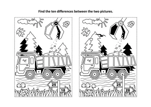 Find the ten differences picture puzzle and coloring page with working tip truck and hopper
