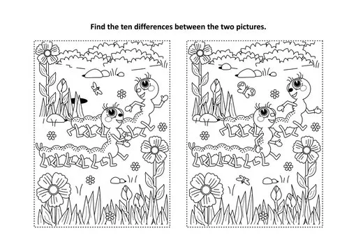 Spring or summer themed find the ten differences picture puzzle and coloring page with two cute caterpillars walking in the garden