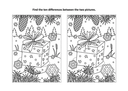 Winter holidays themed find the ten differences picture puzzle and coloring page with gift or present