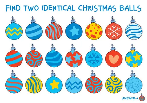Find two identical Christmas balls puzzle for kids. Fun holiday activity with colorful ornaments. Educational winter game to develop attention and visual skills. Cartoon vector illustration. Spot it