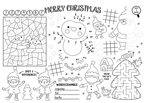 Vector Christmas village placemat for kids. Winter holiday printable activity mat with maze, tic tac toe charts, connect the dots, find difference. New Year black and white play mat or coloring page
