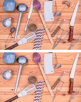 Find missing five puzzle, kitchen cooking themed. Easy level