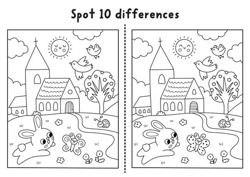 Easter find differences black and white game. Spring holiday line educational activity with bunny catching butterfly near church. Puzzle for kids. Printable worksheet, coloring page